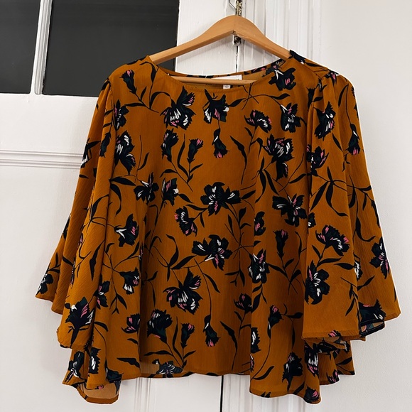 Anthropologie Tops - Anthropologie Isla Maude Mustard Brown Blouse Top Bell Sleeve Floral Size Large